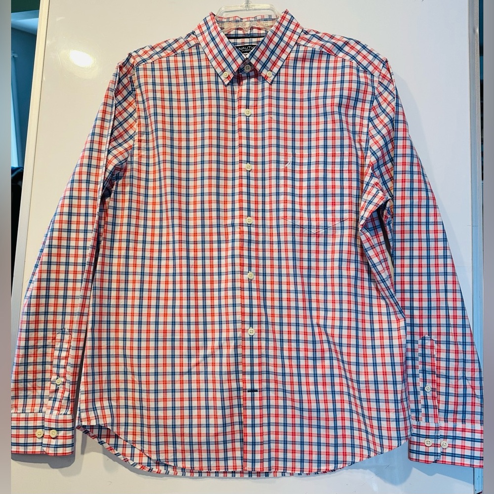 Nautica Shirt Mens Size Large Red/Blue/White Plaid Casual Button Up Long Sleeve